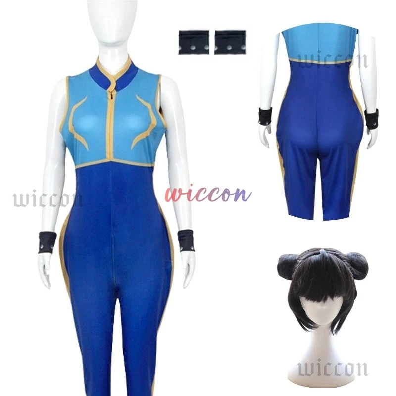 Anime Chun Li Cosplay Costume Game SF Role Play Chunli Blue Jumpsuit Outfit Wig Women Full Set Halloween Party Disguise Suit