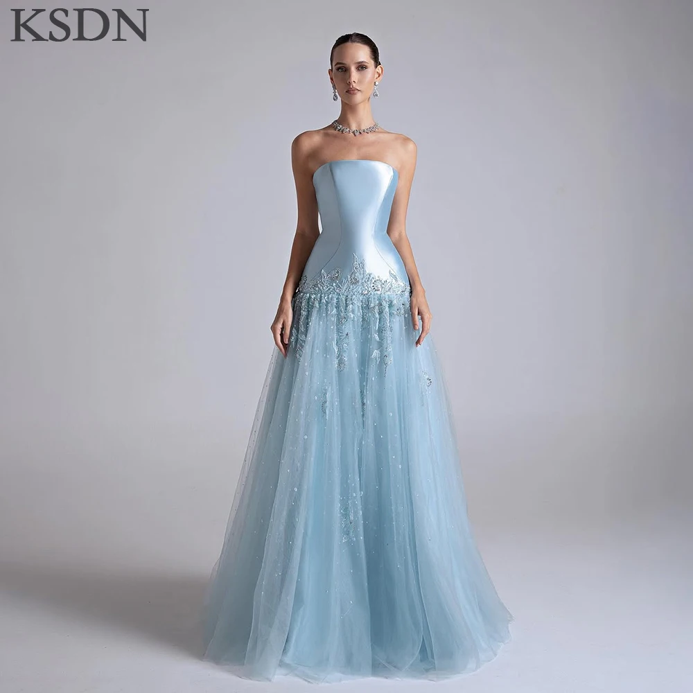 KSDN Изысканные вечерние платья Формальные без бретелек с скользящим шлейфом и аппликацией из тюля Платья для особых случаев Женское платье Vestidos