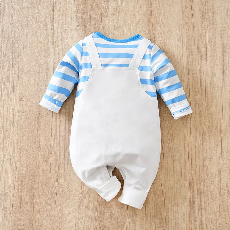 Dziecko kreskówka szczęśliwy słoń/wzór żyrafy fałszywe dwa swobodne kombinezony w paski z długimi rękawami dla małych dzieci i chłopców