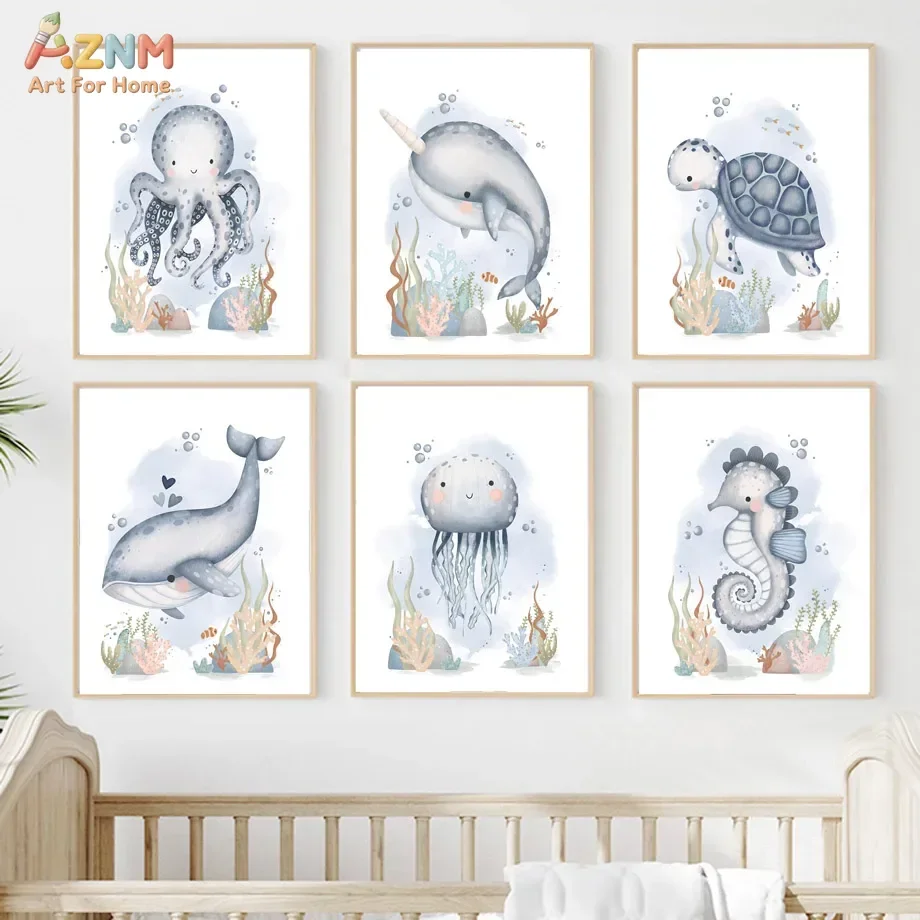 AZNM Ocean Sea Animal Canvas Wall Art Octopus Whale Turtle Seahorse Jellyfish Poster Print Baby Nursery Decor Unframed Canvas Pa
