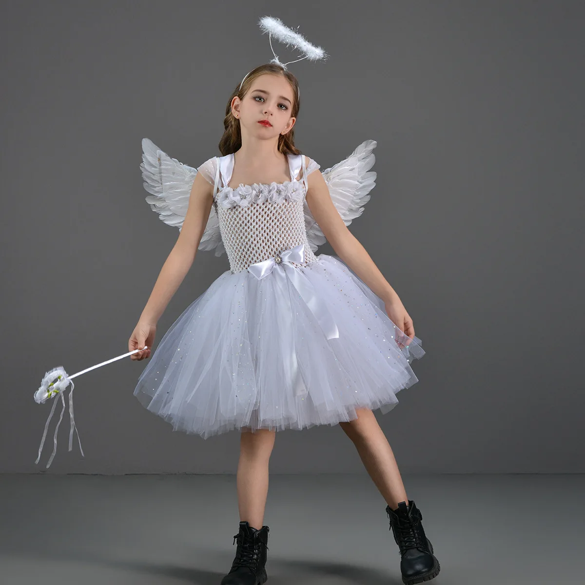 Umorden Halloween Sparkling Guardian White Angel Costume Cosplay for Girls Child Tutu Dress + Wings + Halo Wand Full Set 2-12Y