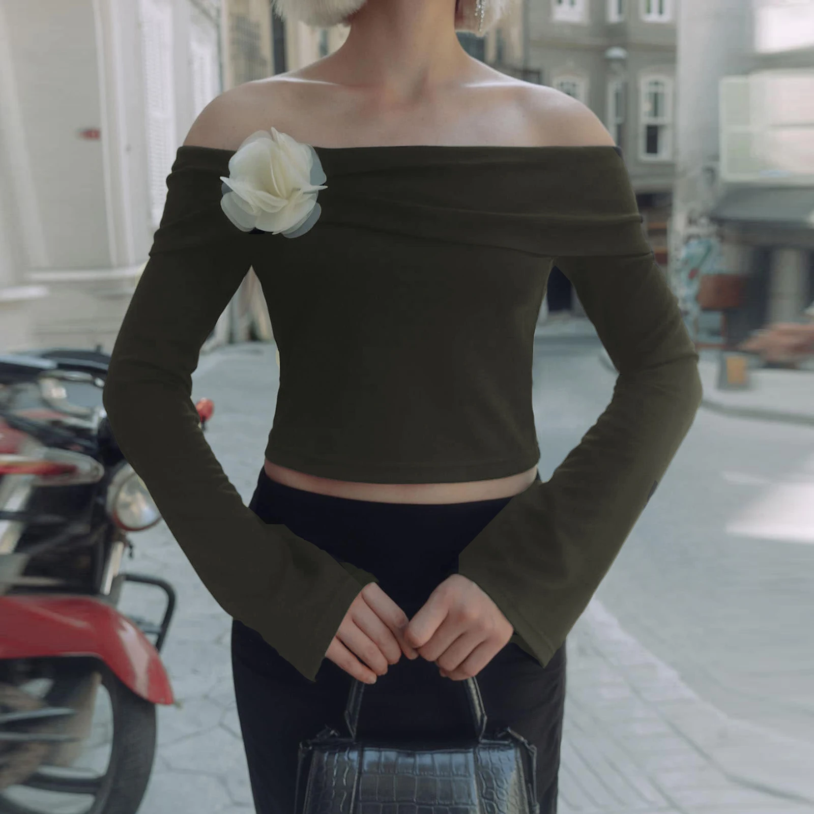 Y2k Women 3D Flower Decor Off Shoulder Crop Tops Boat Neck Long Sleeve T-Shirt Slim Fit Sexy Tops for Girls Date Night Club