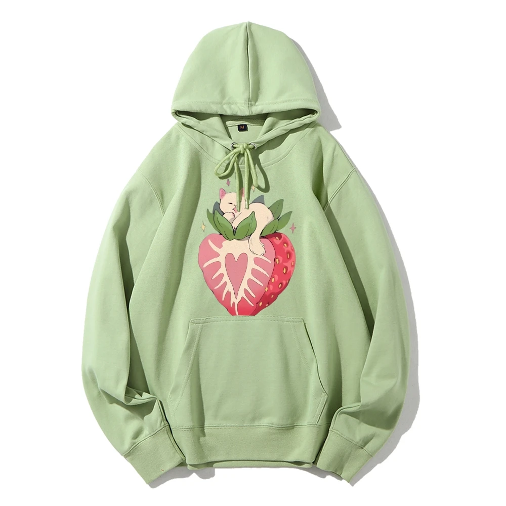 Strawberry Cat Crewneck Hoodie Cutr Fruit Cat Sweatshirt Funny Autumn Jumper Vintage Women Sweatshirts Womens Plus Size Hoodies