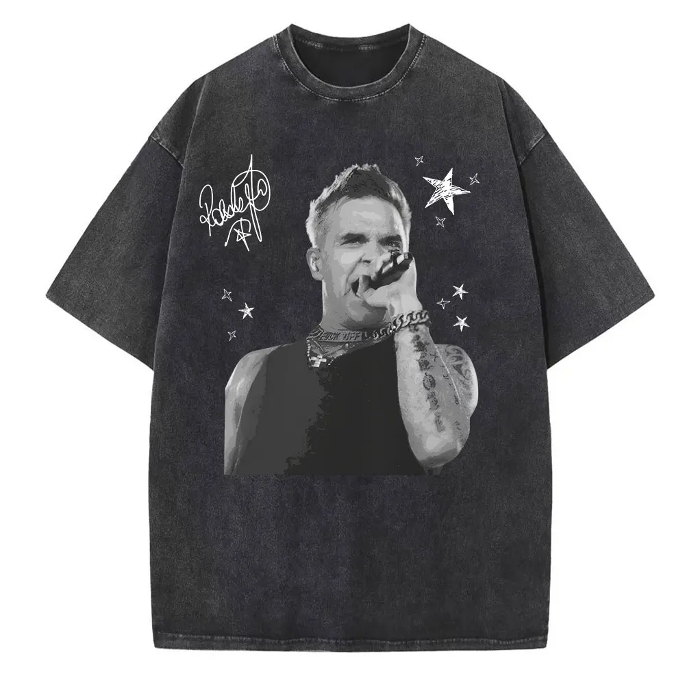 Robbie-Williams Tour 2025 Washed T-shirt Vintage O-Neck Man Woman Streetwear Tops Gift