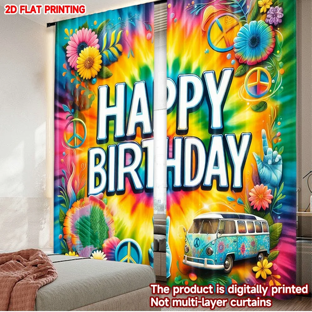 

2D flat printing 2pcs Curtains Birthday Tie-Dye Celebration Digital Printed Polyester Drapes Family Party Decoration Perfect for