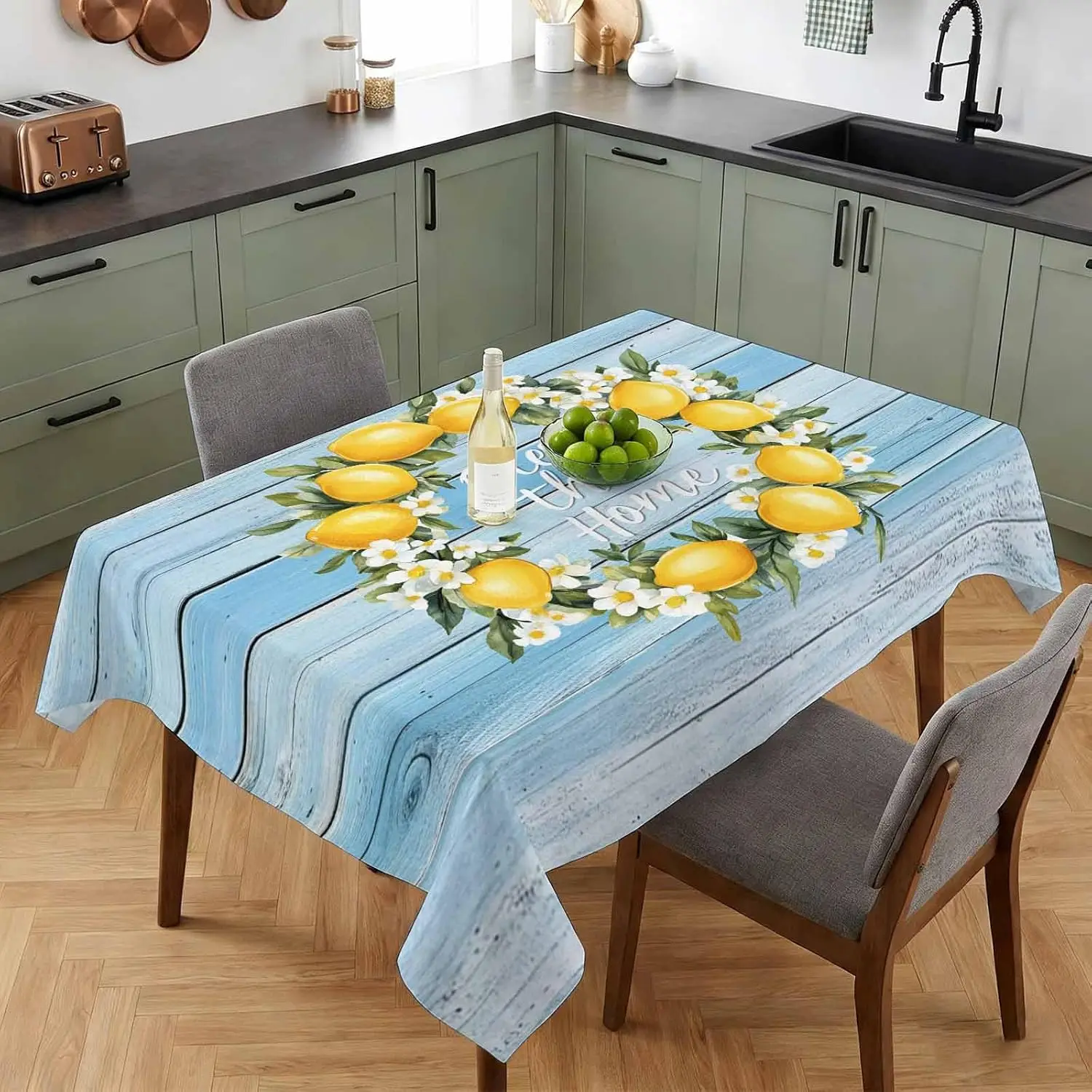 Summer Lemon Flower Blue Wood Grain Tablecloth for Table Decor Washable Farmhouse Kitchen Dining Table Cloth Holiday Party Decor