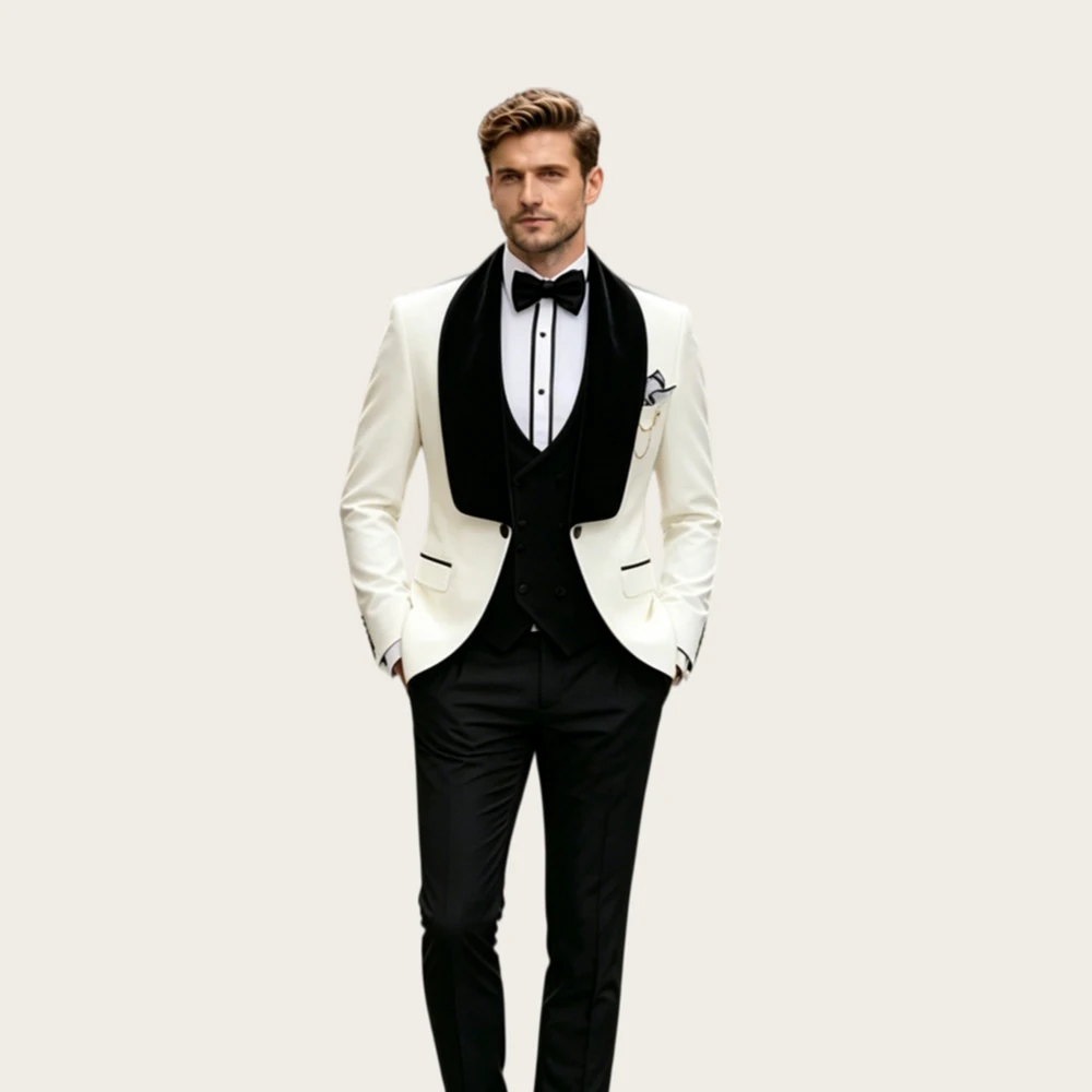 

Mophiel Wedding Men Suits for Man with Shawl Lapel Double Breasted 3Pcs Formal Tuxedo Prom Slim Fit Jacket+Vest+Pants Customized