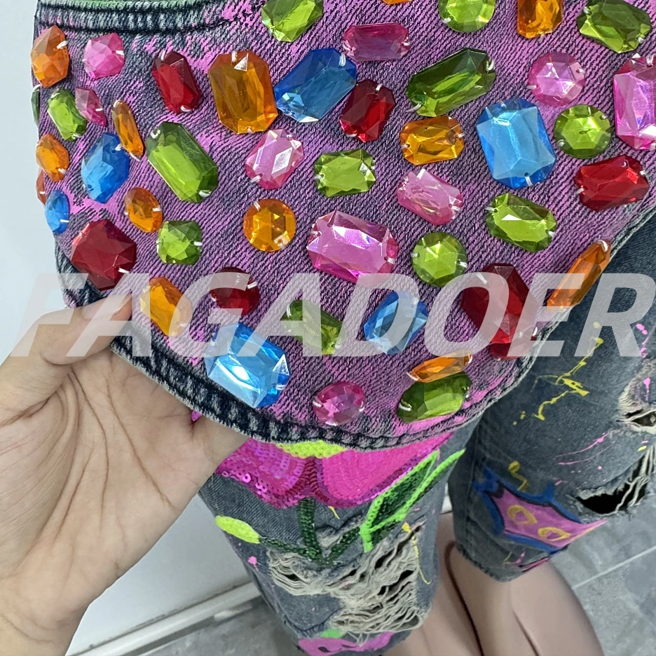 FAGADOER Retro Fashion Spring Floral Denim Pants Women Rhinestones Hole Patchwork Shining Jeans Female Streetwear Bottoms New