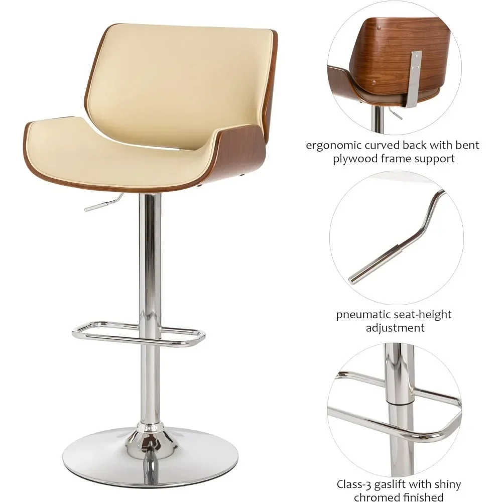 Ajustável PU Leather Bar Stool Set, cadeiras de jantar com costas, giratória, meados do século, moderno, adequado para Bar Counter, 2