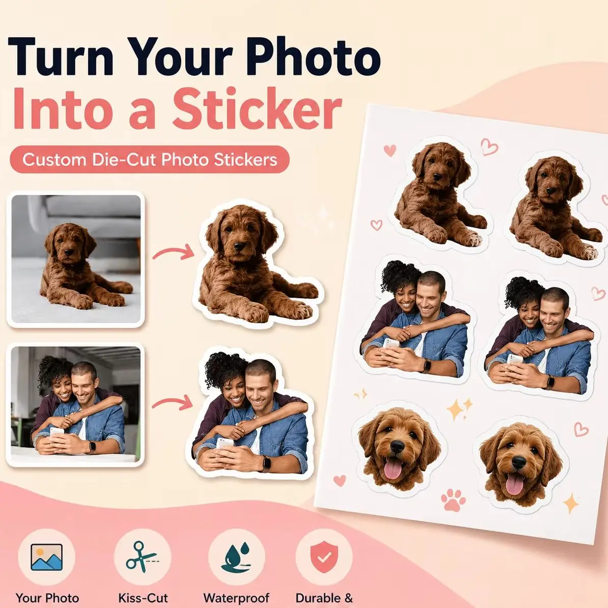 Customize die-cut photo stickers with your own pictures, suitable for water bottles, laptops, phones, and cars.