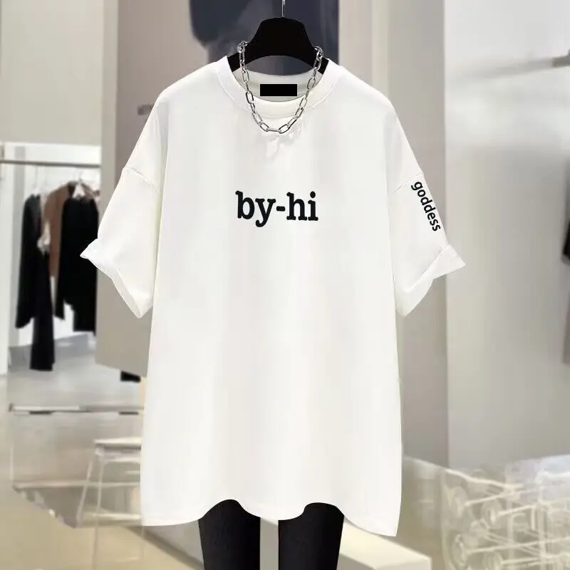 Summer Casual Loose O-neck Short Sleeve T-shirt Women Chic Letter Printing Cotton Basic Tees Office Lady Oversized Tops 45-105Kg