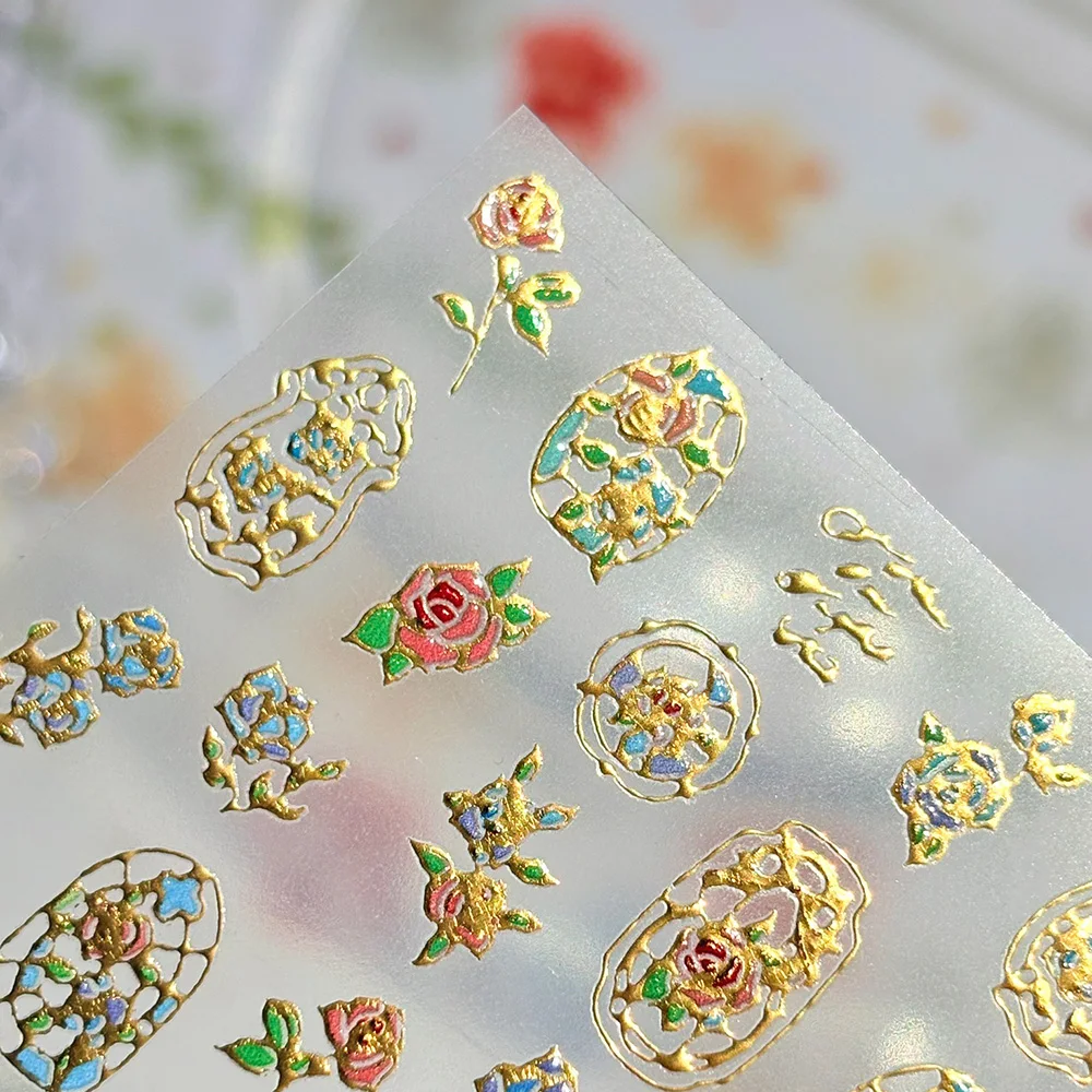 1Pc-5D Bronzing Golden Embossed Flower Nail l Art Stickers Y2K Blue/Purple Gold Floret Decal Self Adhesive Relief Flowers Slider