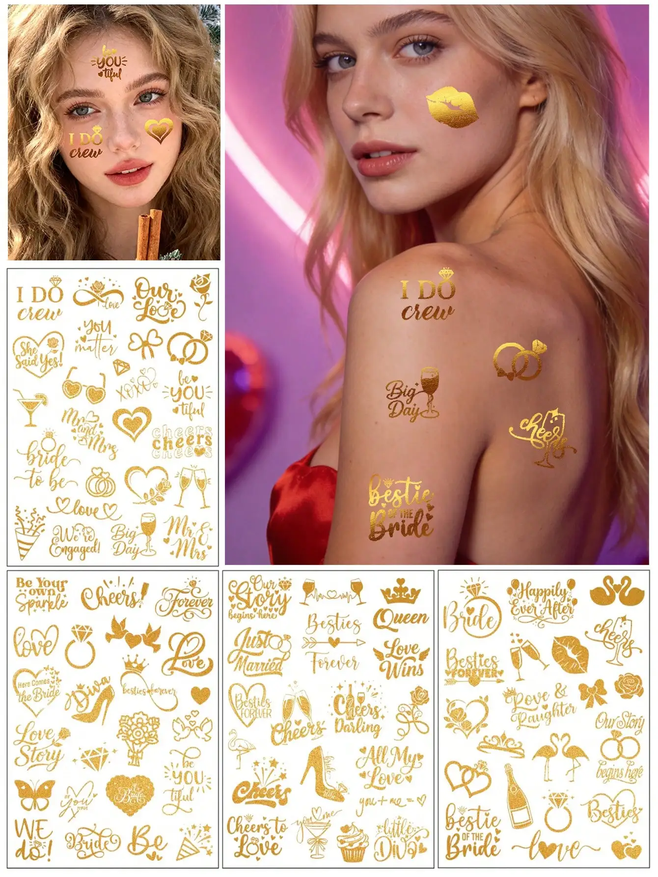 

Набор из 4 металлических лазерных голографических временных татуировок для свадьбы, наклейки для невесты, подружек невесты, девичника с бриллиантами
