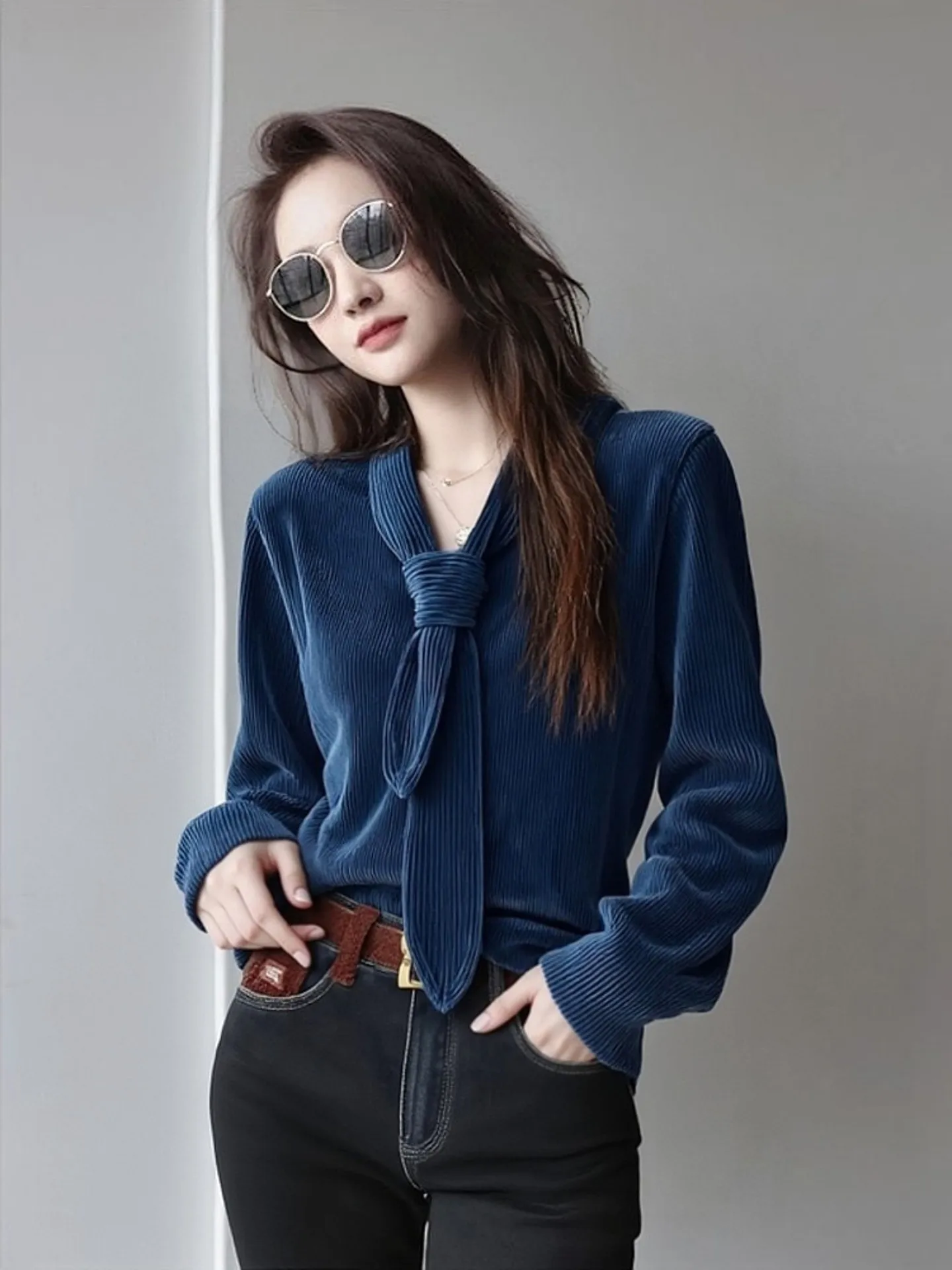 

Уникальное роскошное синее вельветовое платье-миди, омолаживающее, модное, весна 2026, женское, премиум-качество, классический крой, длинный рукав