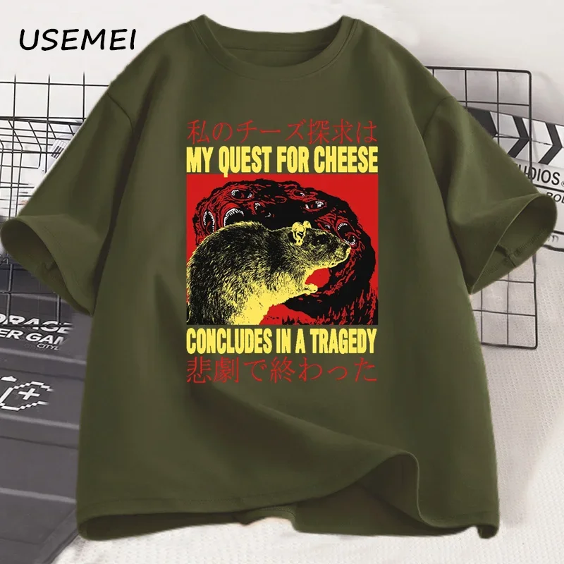 My Quest for Cheese Rat T-Shirt Men Funny Cotton Print T Shirt Oversized Vintage Rat Graphic Tshirt Men's Casual Round Neck Tops