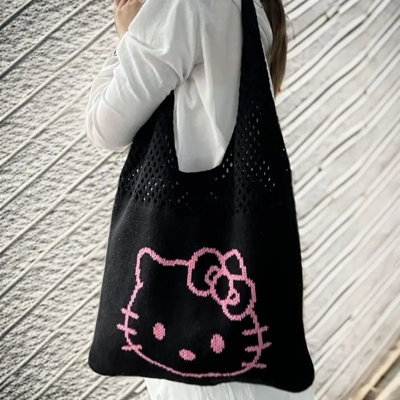 

2024 Miniso Hello Kitty Knitted Shoulder Bag Anime Kawaii Black Pink Underarm Bag Cute Cartoon Embroidered Mesh Bag for Girls