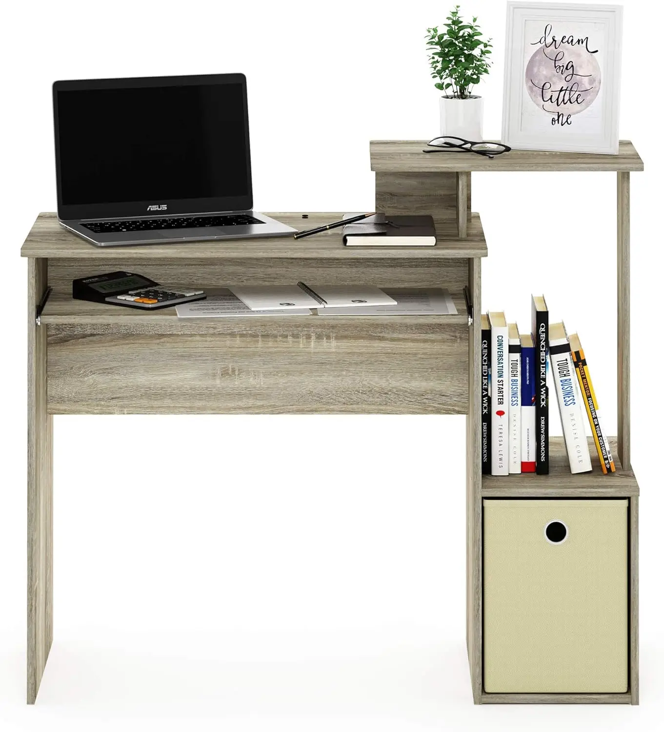 Compact Home Office Computer Desk with Keyboard Tray & Storage Shelves, Sonoma Oak/Ivory Finish for Small Spaces