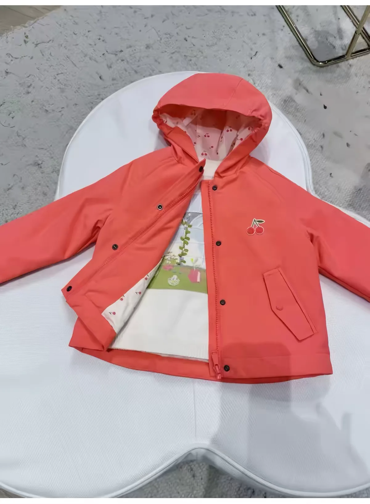 Girls Hooded Trench Coat Coat 26 Winter New Cherry Embroidered Windproof Rainproof Jacket Cotton Wear Cotton Pink Girls Sweater