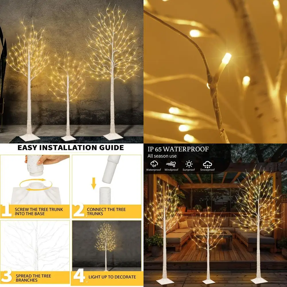 Illuminated Birch Christmas Tree with 144 LED Warm White Lights, 8 Lighting Modes for Festive Decor Indoor/Outdoor