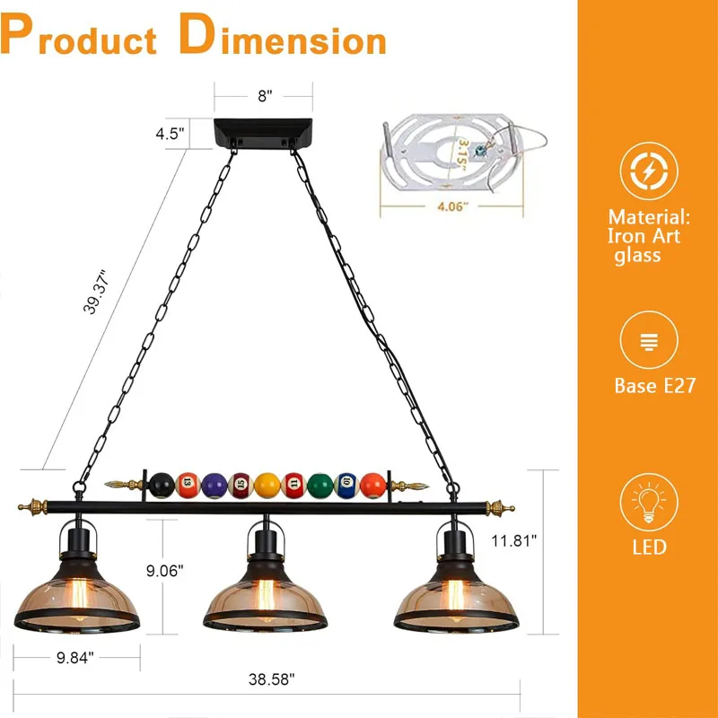 Retro biljart hanglamp LED met 3 glazen tinten Verstelbare kroonluchter Eettafel voor bar Binnen Industriële decorverlichting