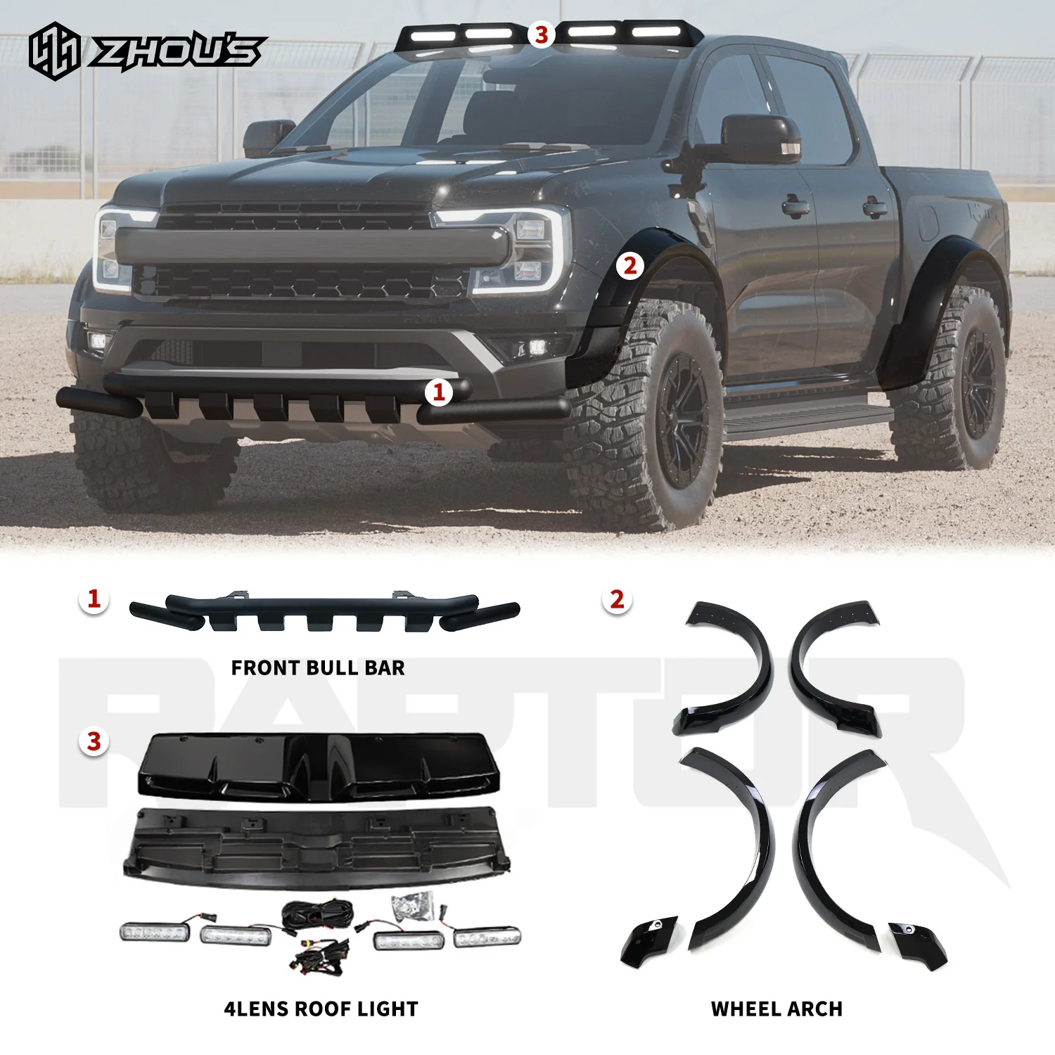 

New Off-Road Front Bumper Bull Bar Wheel Arch 4X4 Wide Fender Flares for Ford Ranger Raptor 2025 Accessories