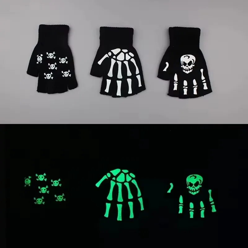 1/2/4Pairs Gothic Skeleton Reflective Gloves Horror Claw Bone Streetwear Half Gloves Halloween Split Finger Gloves For Men Women