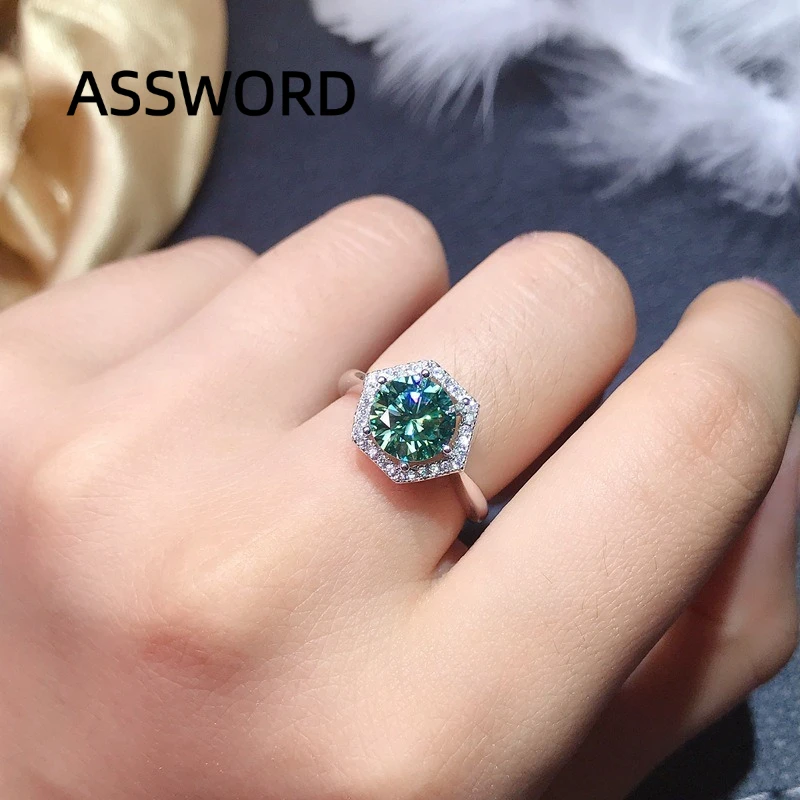 925 Sterling Silver Hexagon Halo Green CZ Ring for Women Round Cut Cubic Zirconia Finger Ring Engagement Fine Jewelry Gift