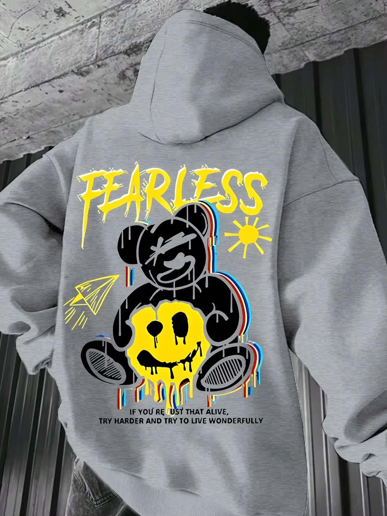 Fashionable autumn men's personalized teddy bear graffiti print soft and comfortable hooded sweatshirt outdoor high street cloth
