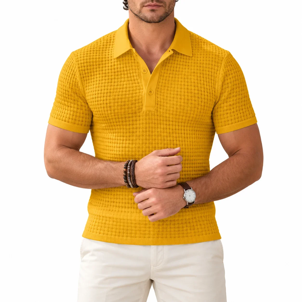 Men's Polo Shirt Waffle Textured Button Placket Breathable Summer Top for Golf Shirts for Man Casual Sports Weekend Wear T Shirt