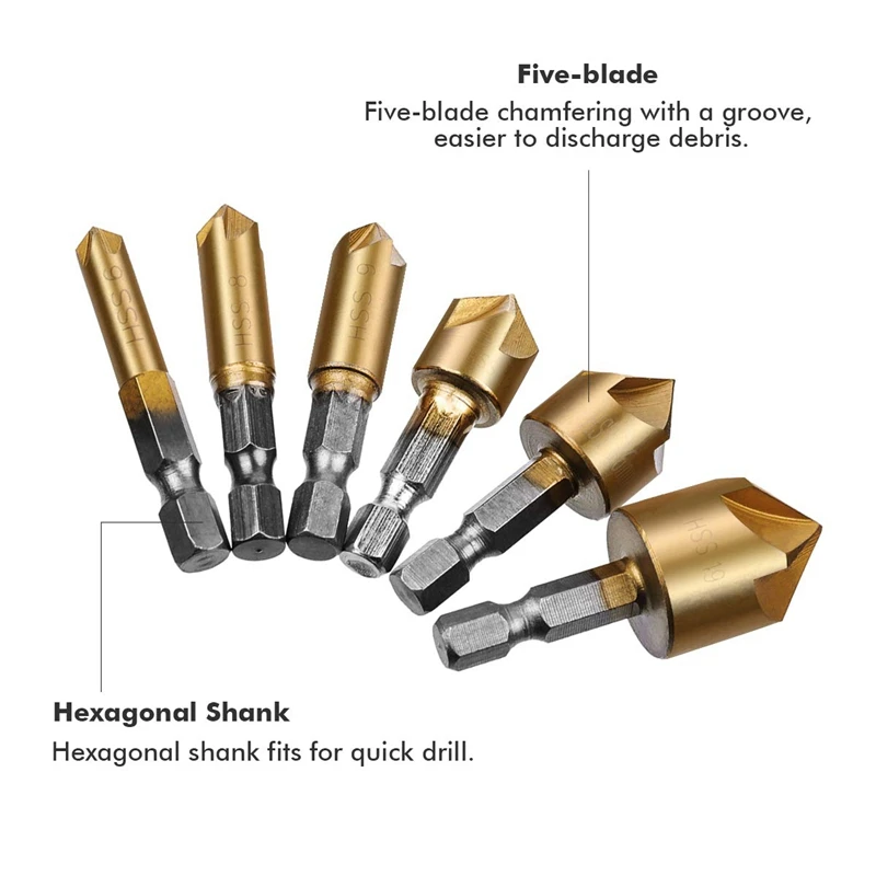 Bộ 6 Lục Giác Tay Cầm 5 Lưỡi Dao Vát Cạnh Titan Gỗ Mũi Khoan Countersunk Khoan Countersunk Đánh Chìm Hạt Với 1 cent