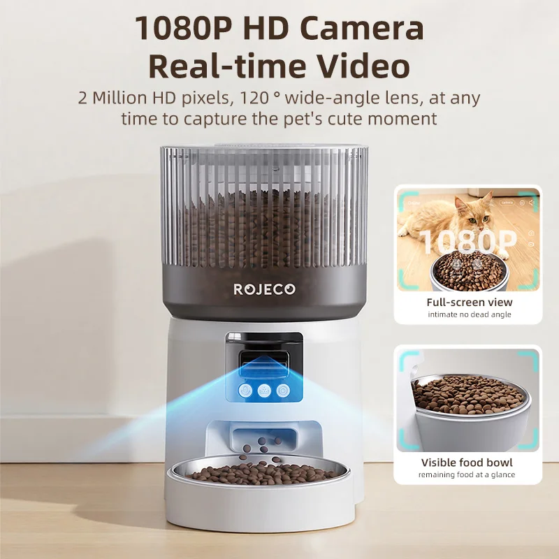 ROJECO Automatic Dog Feeder with Camera Video 4L Smart Cat Feeder Voice Recorder WiFi APP Remote Control Pet Kibble Dispenser