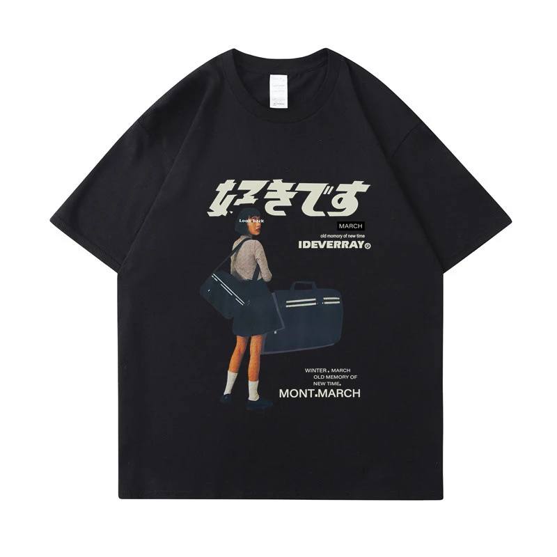 Y2k Japanese Girl Print TShirt Men Kanji Harajuku Short Sleeve 2024 Summer Hip Hop Streetwear Cotton Oversized T-Shirt Tees Top