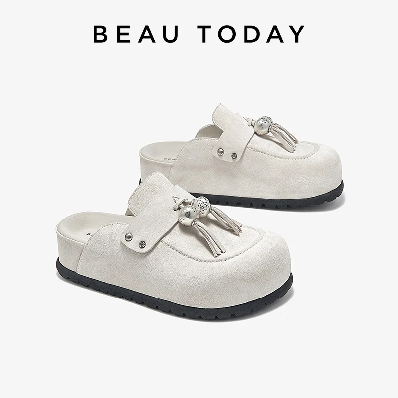 BEAUTODAY Platform Mules Women Cow Suede Leather Tassel Round Toe Slippers Sewing Design Ladies Slippers Shoes Handmade 34115