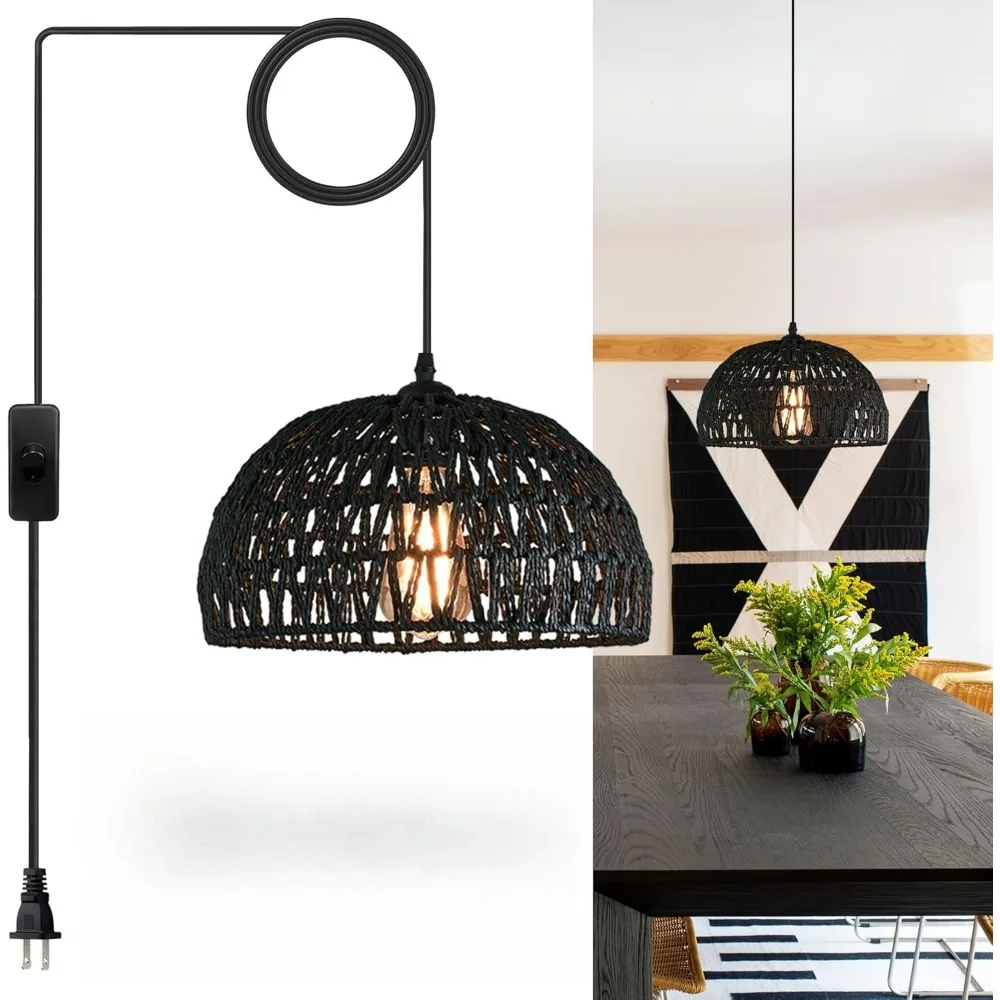 

Brown Rattan Pendant Light 4.2M Plug In Pendant Lamp Black Boho Woven Chandelier Wicker Light Fixture for Dining Room Bedroom