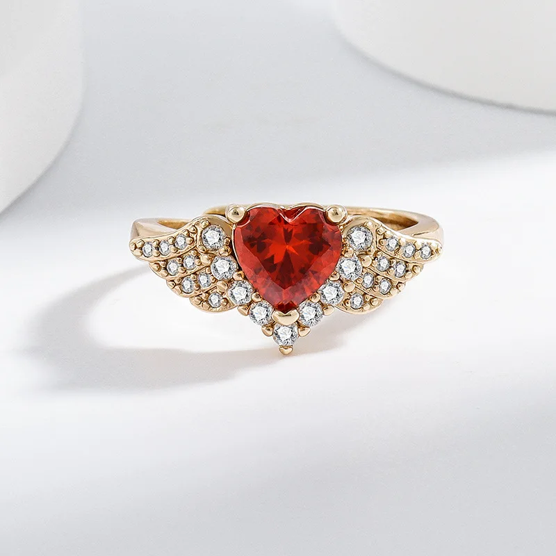 خاتم خفيف فاخر رومانسي على شكل قلب رمان أحمر من الزركون 925 من الفضة الإسترليني والذهب الشمبانيا عصري ومتعدد الاستخدامات