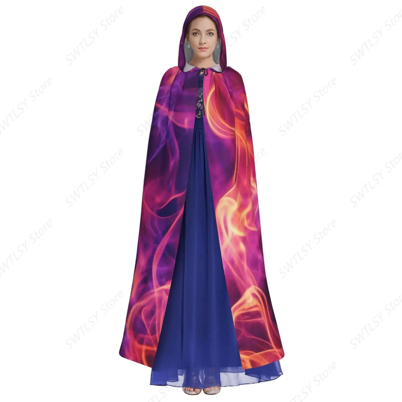 Pink Flame Fire Smoke Halloween Adult Hooded Cape Full Length Cloak Christmas Cosplay Costume Unisex
