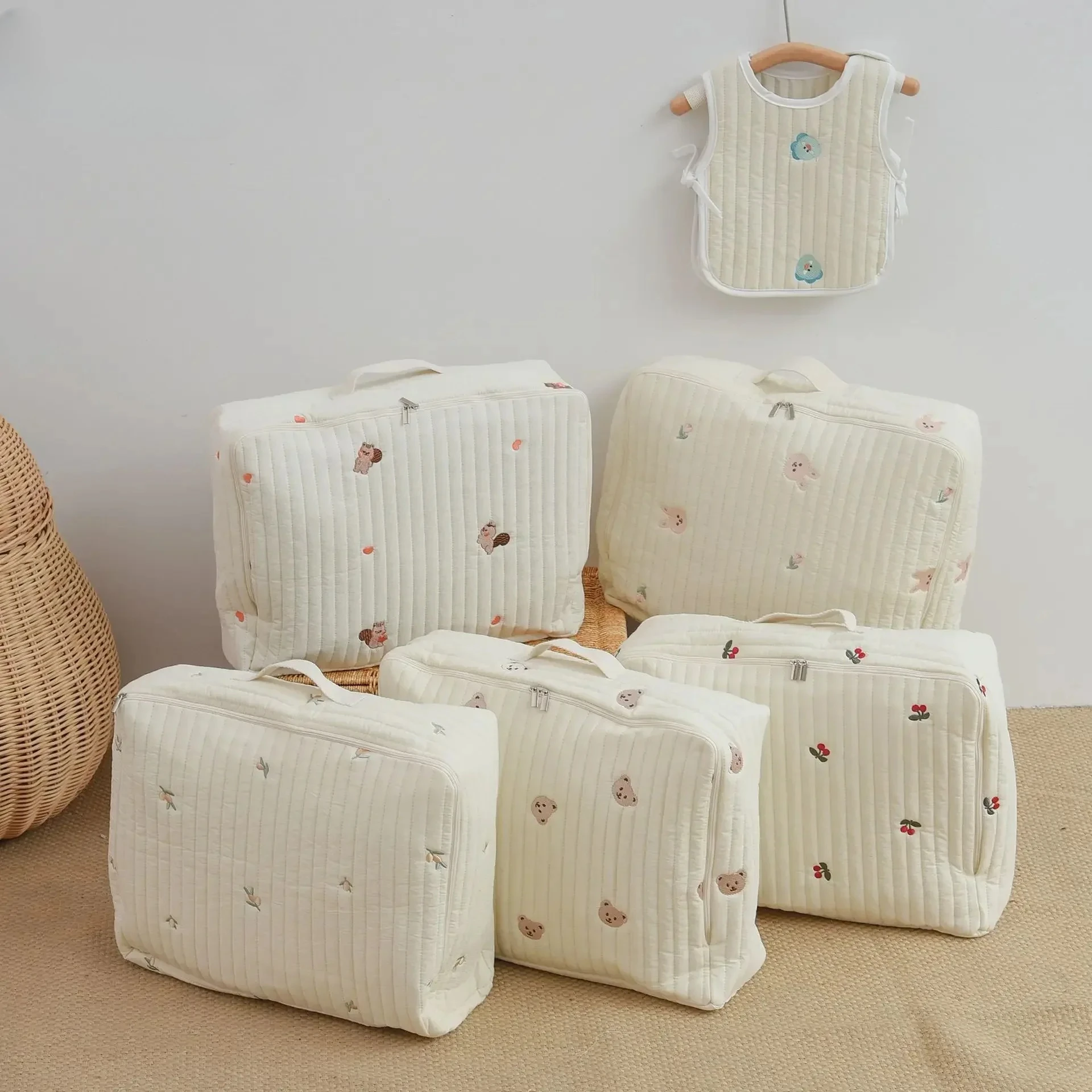 2026 New Cute Bear Flower Embroidery Pattern Baby Beige Cotton Fabric Zipper Diaper Luggage Bag Diaper Bag Backpack Bebes Ins