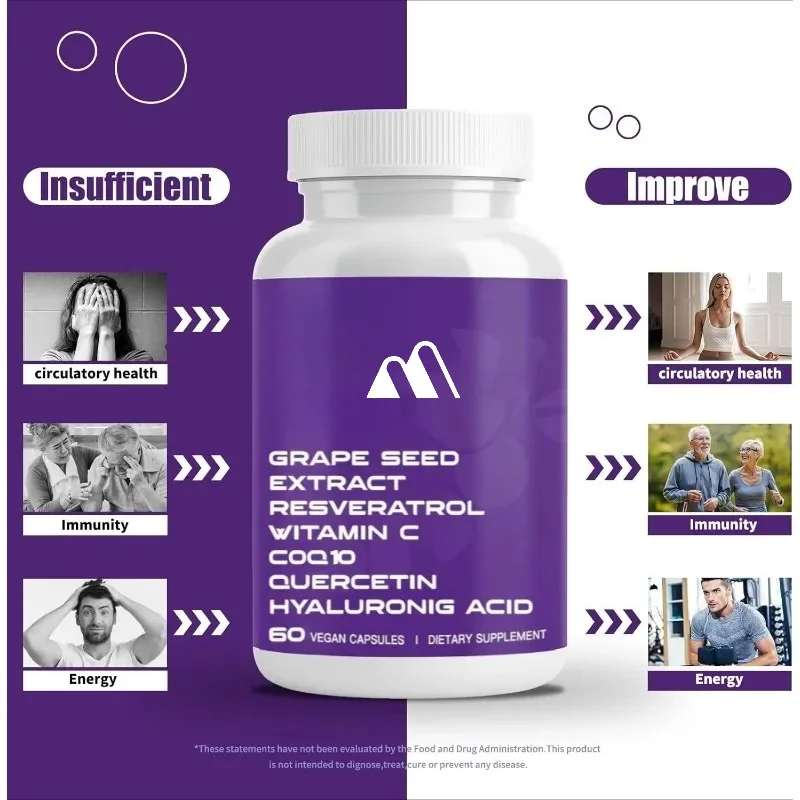 400mg Grape Seed Extract Capsule Contains Vitamin C, Resveratrol, Quercetin, Coenzyme Q10, and Hyaluronic Acid