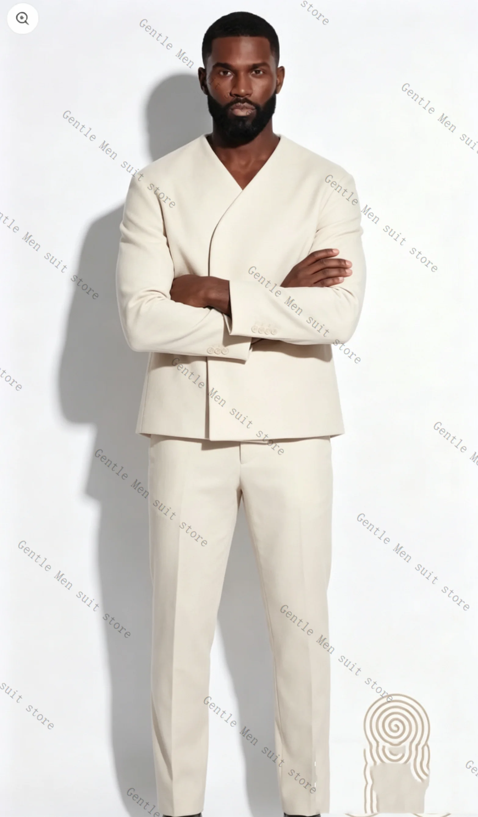 Ivory Men Suit Set 2 Pcs Blazer+Pants Trousers Cotton Sexy V Neck Wedding Tuxedos Formal Office Business Jacket Coat Customized