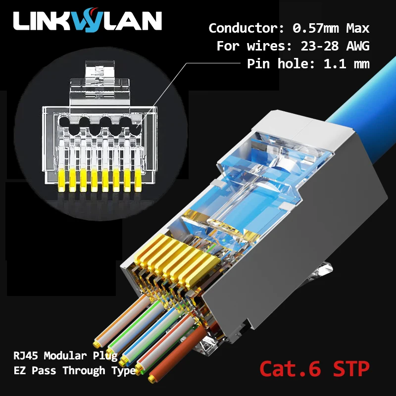 Linkwylan Cat7 Cat6 Cat5e UTP STP Pass Through Plug Network RJ45 Modular Connector 1.1/1.3/1.5mm Holes For Solid Stranded Cables