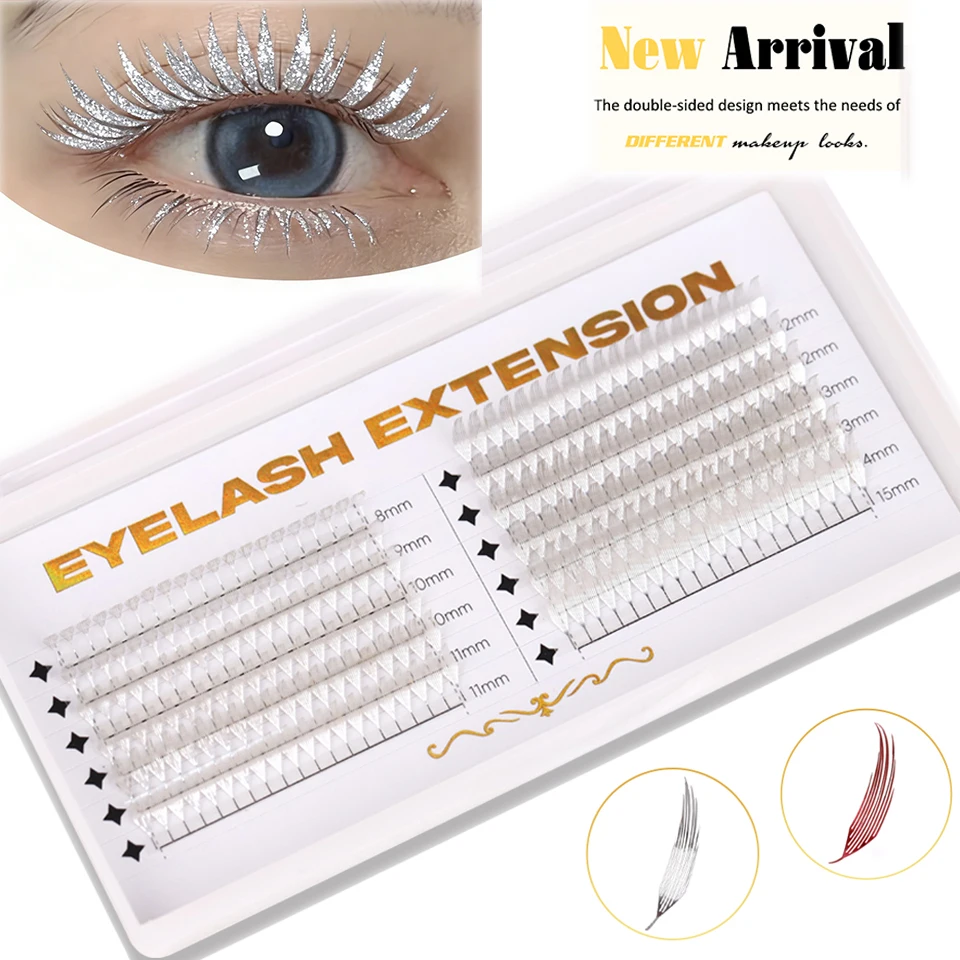 Novo dupla face holográfica comic spire cílios extensões enfeites anime pré-fabricados fãs pena forma cílios para maquiagem natal