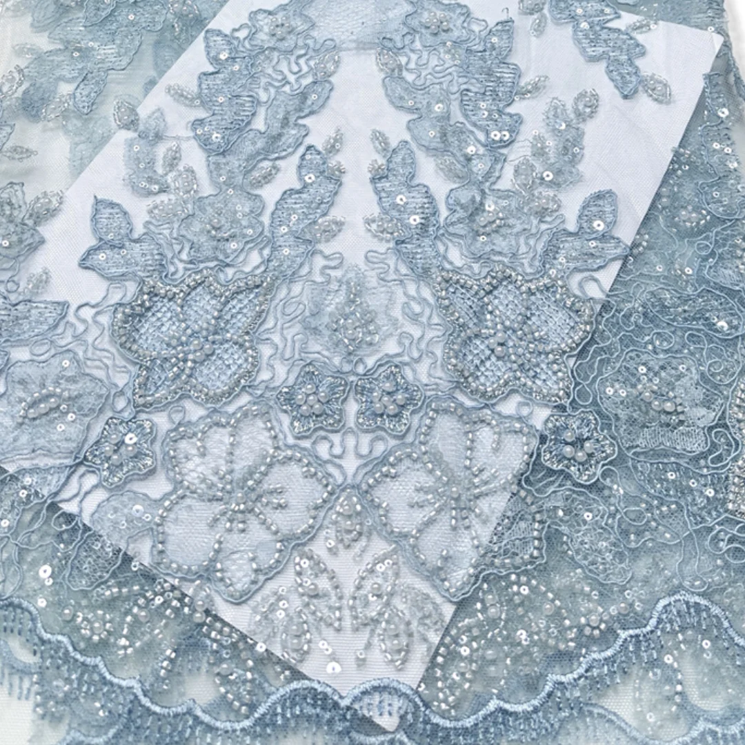 

Hot Sale Austria French Lace Fabric High Quality Mesh Floral Embroidery Sequins Beads 5 Yards for Wedding Evening Party Dress