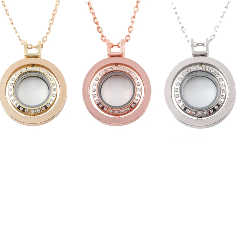 1Pc Round Rotation Floating Relicario Charms Memory Locket Pendant Necklaces For Women Living Medaillon Collier Jewelry Bulk