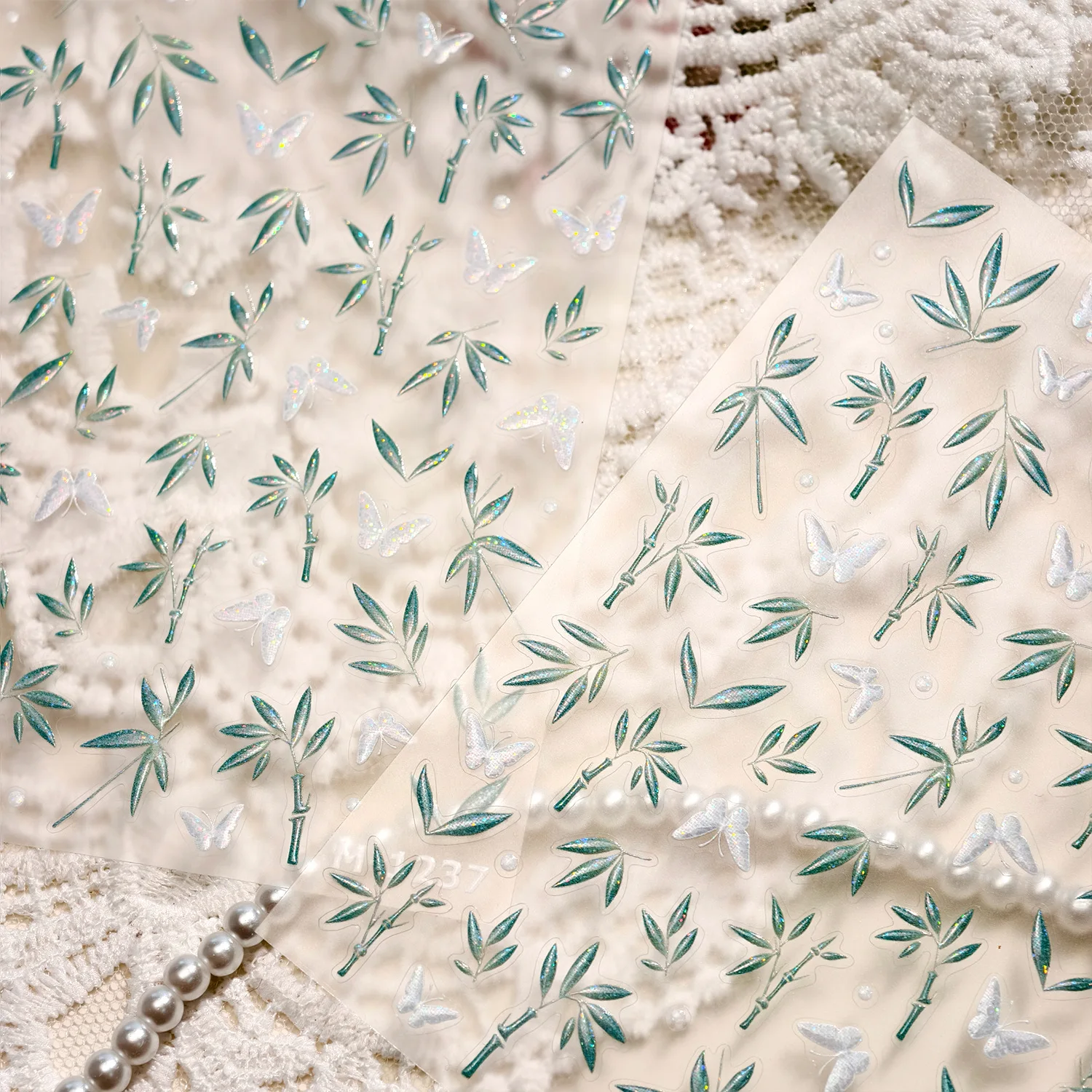 Mariposa brillante, hojas de bambú, planta, brillo polarizado, pegatinas autoadhesivas 3D para decoración de uñas, calcomanías de manicura de estilo chino al por mayor