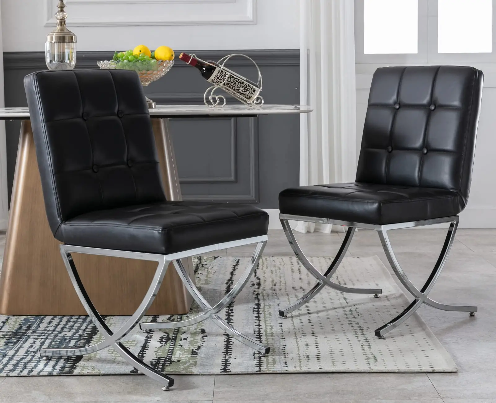 Modern Dining Chairs Set of 2, Black Leather Upholstered Seater with Chrome Metal Lges and High Tufted Backs, Armless