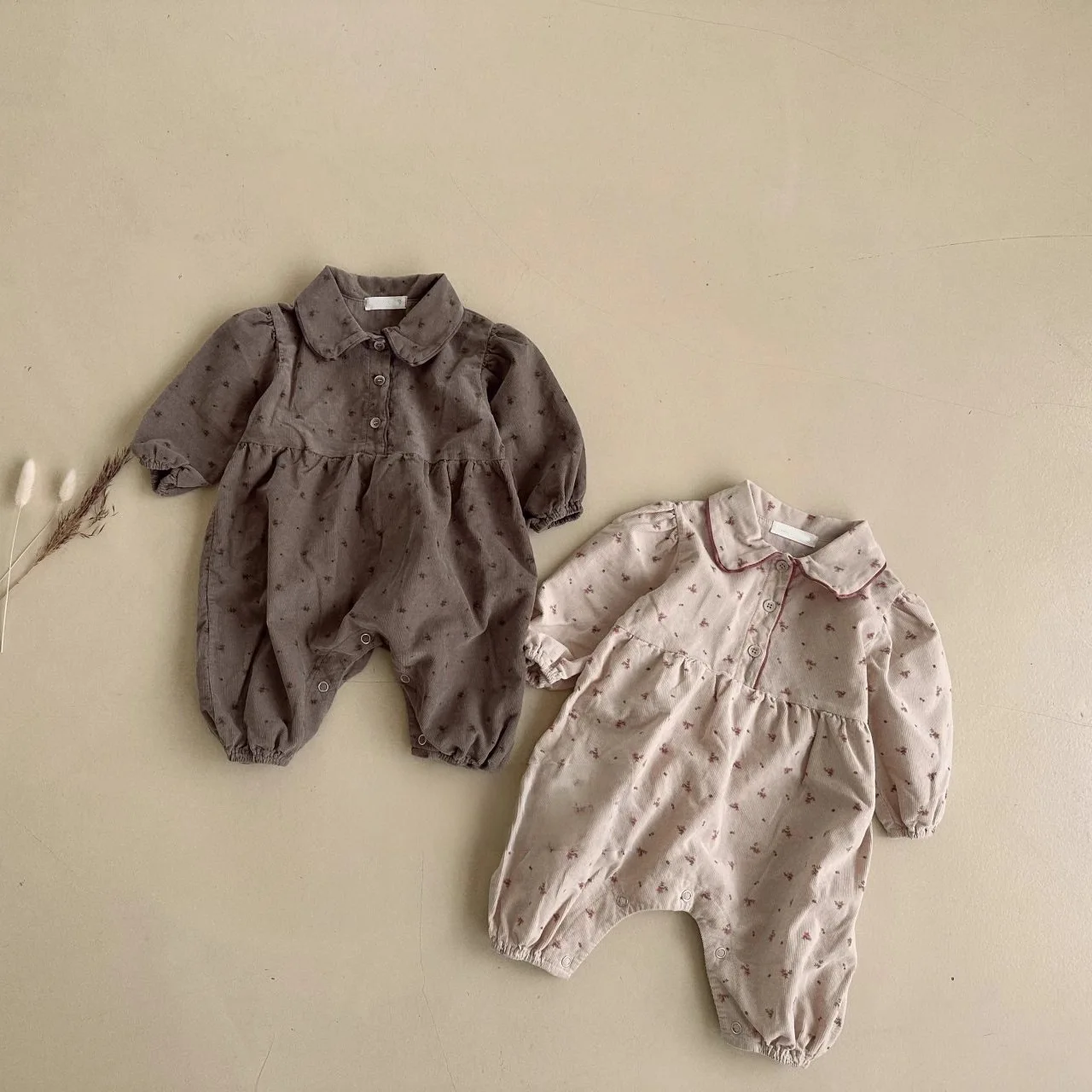 Instagram Girls' Baby Pure Cotton Corduroy Floral Lapel Jumpsuit, Korean Version Newborn Spring Collection Romper