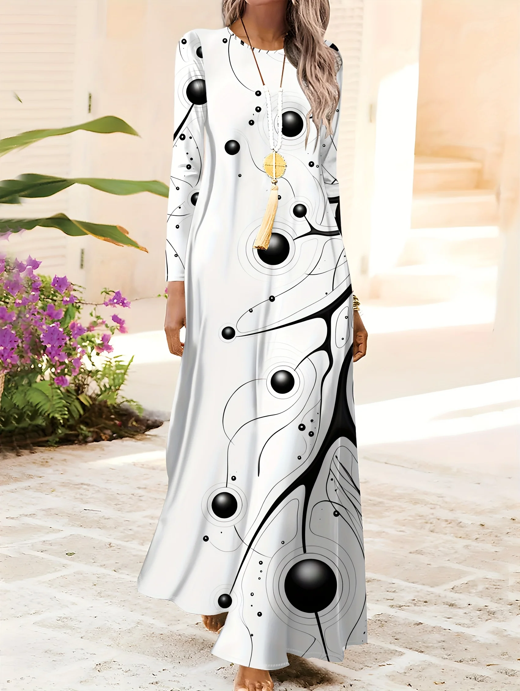 Damen-Kleid mit langen Ärmeln, Rundhalsausschnitt und Blumendruck, lässiges schwarz-weißes A-Linien-Kleid für Frühling und Sommer, modische Kleidung
