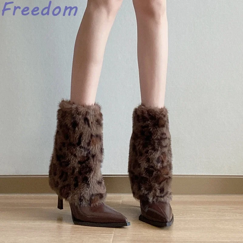 

Pointed fine heel leopard print fur short boots female winter new niche high-heeled pants tube boots