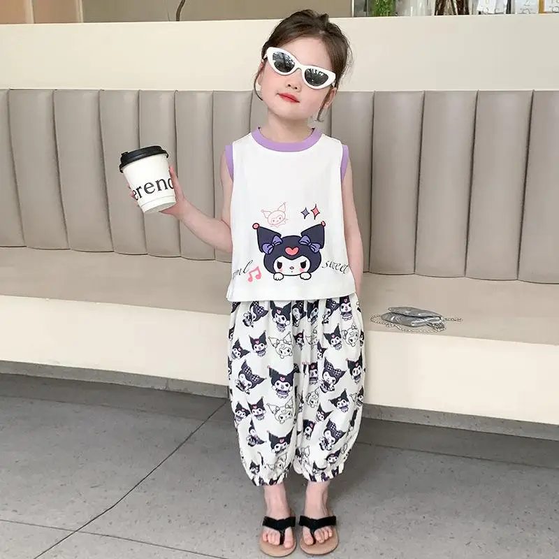 

Sanrio Baby Vest 2Pcs Kuromi Kawaii Summer Cropped Pants New Style Fashion Girl Vest Girl Cartoon Shorts Clothes Holiday Gift