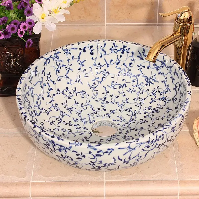 

Blue and white Artistic Europe Counter Top porcelain wash basin ceramic lavabo sink handmade ceramic wash basin bathroom sink